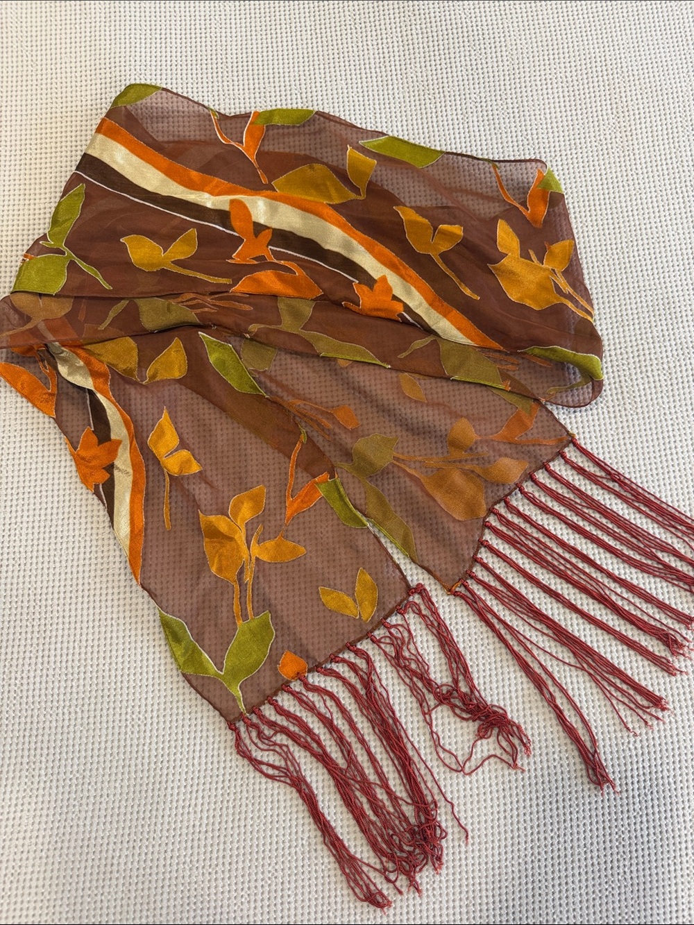 Women’s Autumn Leaf Pattern Brown Fringe Scarf